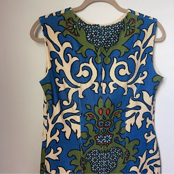 Vintage 60s Stacy Ames dress in paisley batik motif print of green blue & cream - Picture 4 of 8